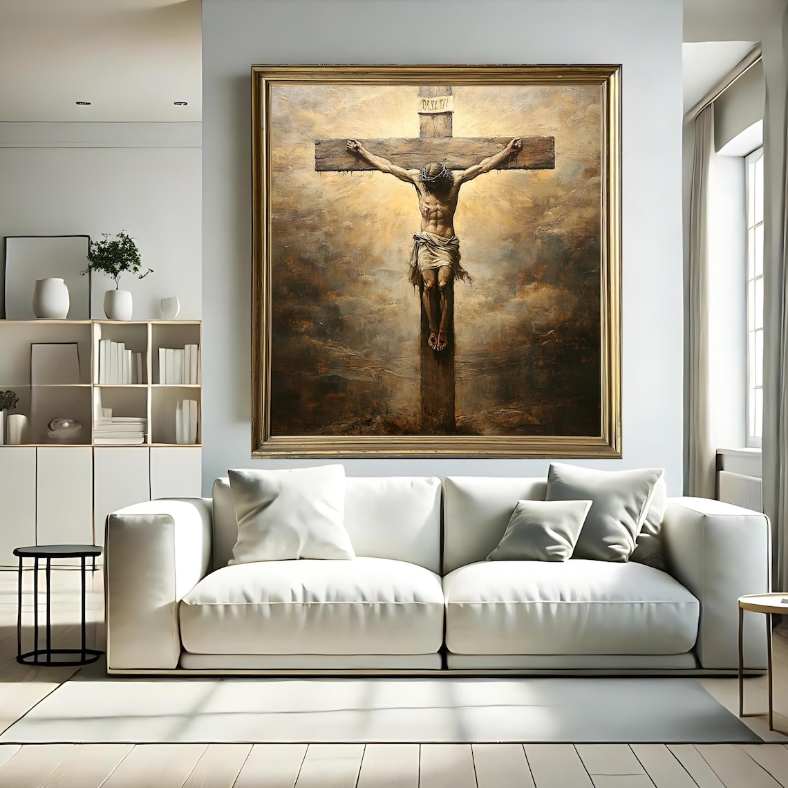 Crucifixion of Jesus on the Cross Dramatic Clouds Antique Religious Art Print - Image 3