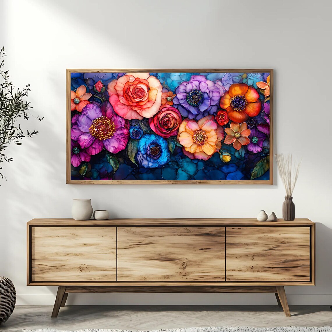 Vibrant Stained Glass Roses And Cosmos Flowers Colorful Art Poster - Image 3