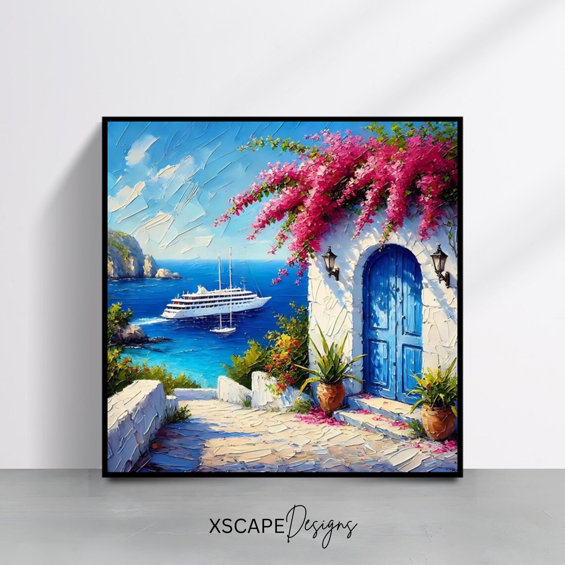 Santorini Greece Cruise Ship Blue Door Bougainvillea Ocean View Print