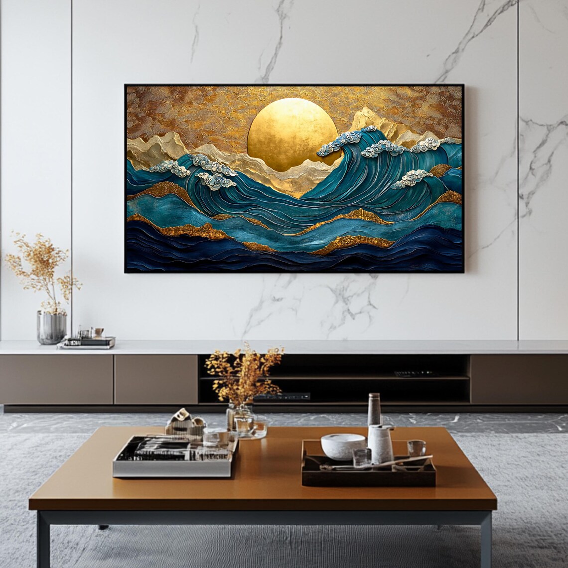 Golden Sun Over Teal Ocean Waves Japanese Style Textured Art Poster - Image 2