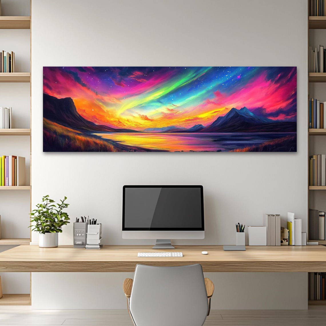 Aurora Borealis Northern Lights Mountains Lake Panoramic Art Poster - Image 2