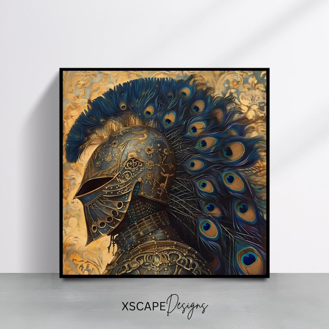 Medieval Knight Helmet Peacock Feather Plume Gold Fantasy Art Print