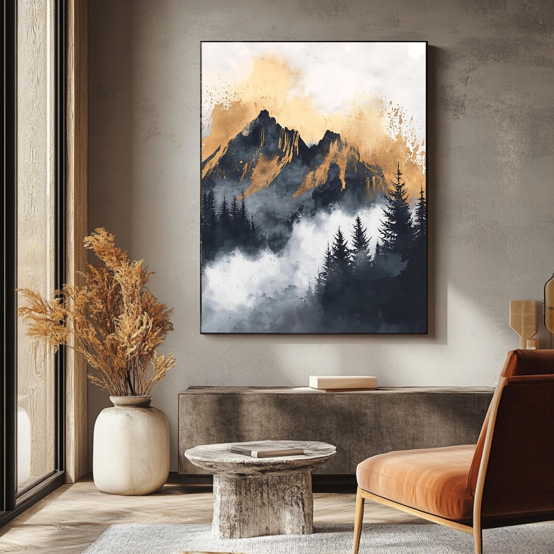 Misty Mountain Peaks Fog Pine Forest Golden Watercolor Landscape Print - Image 3