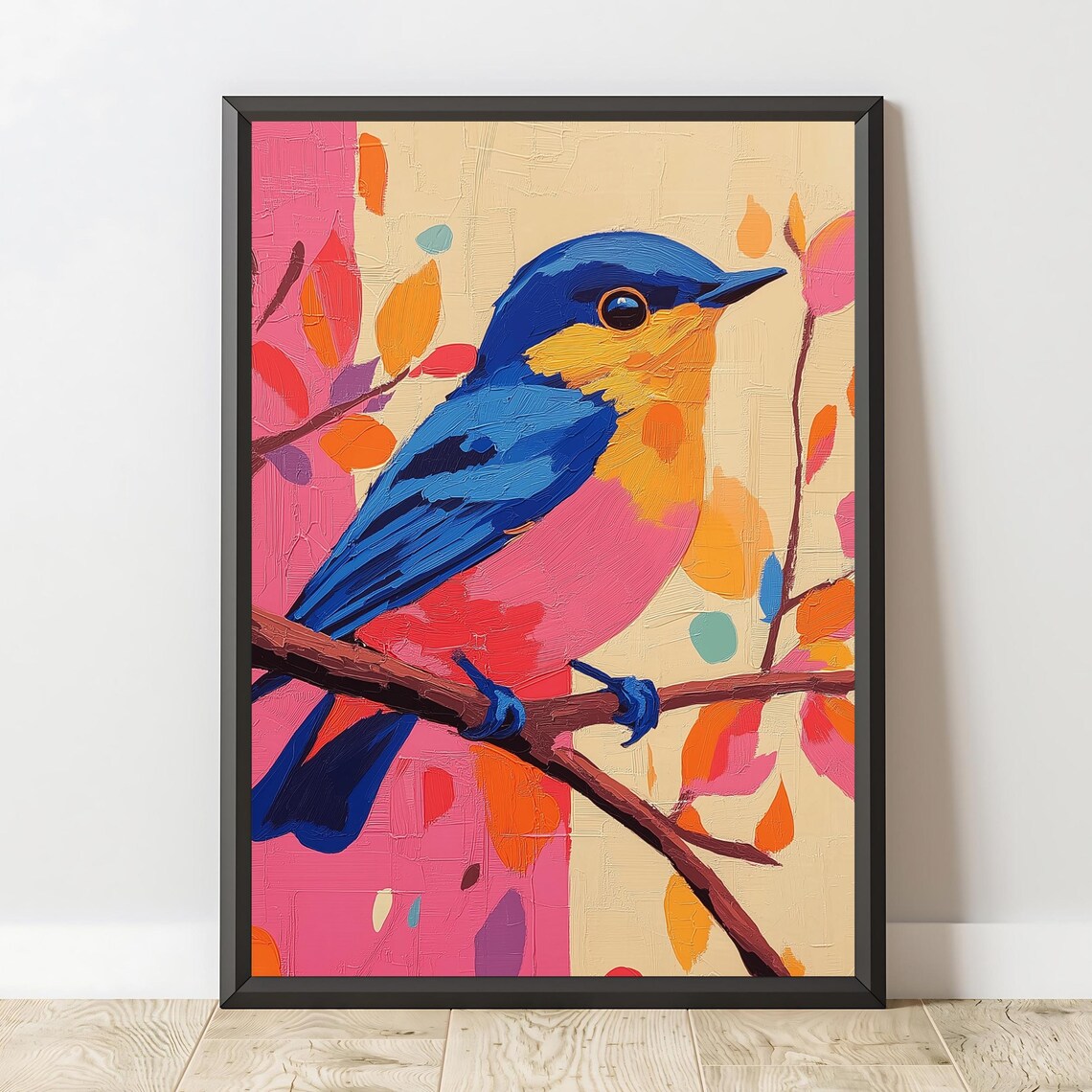 Colorful Blue And Yellow Songbird On Branch Modern Bird Painting Print - Image 2