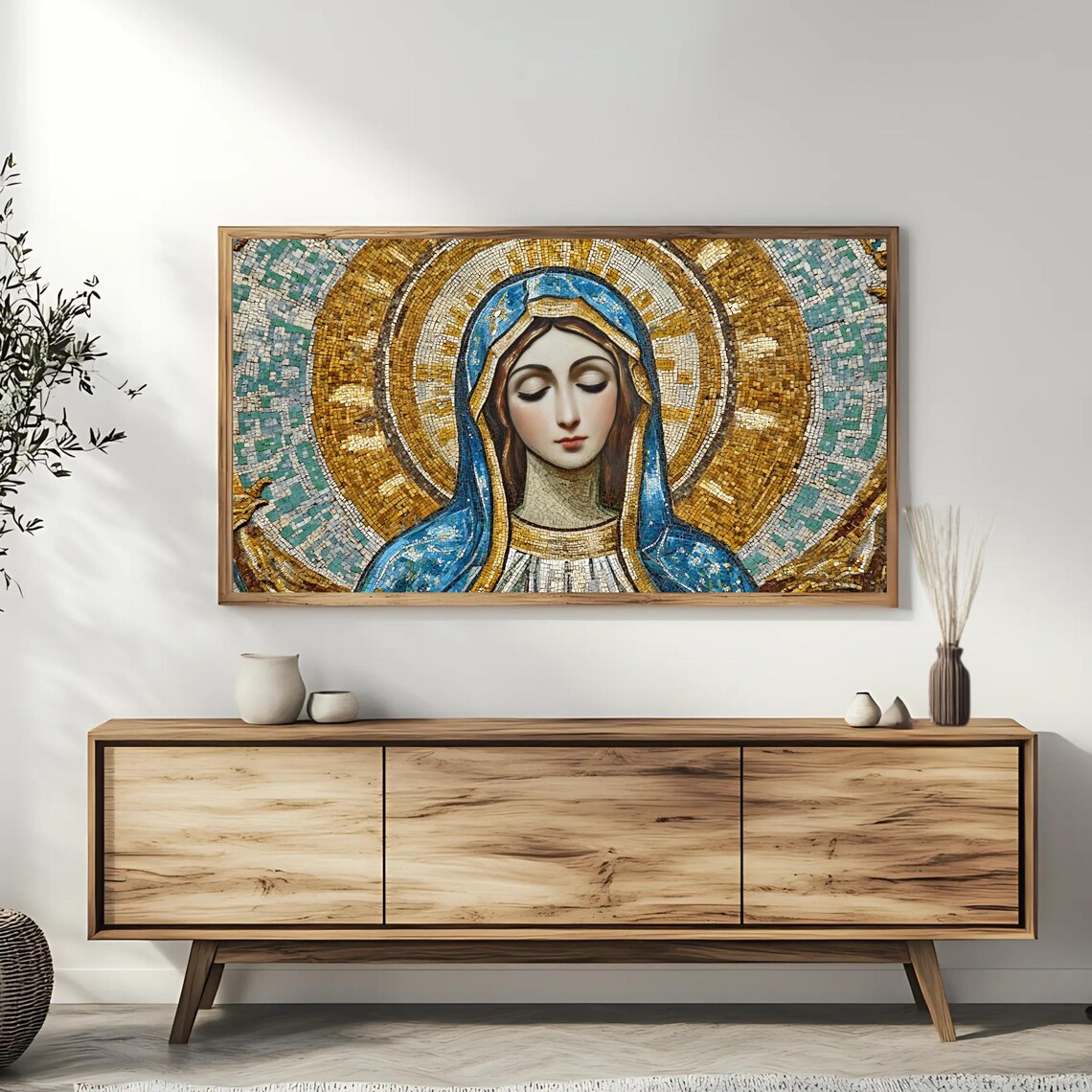 Virgin Mary Mosaic Portrait Gold Halo Blue Veil Byzantine Art Poster - Image 3