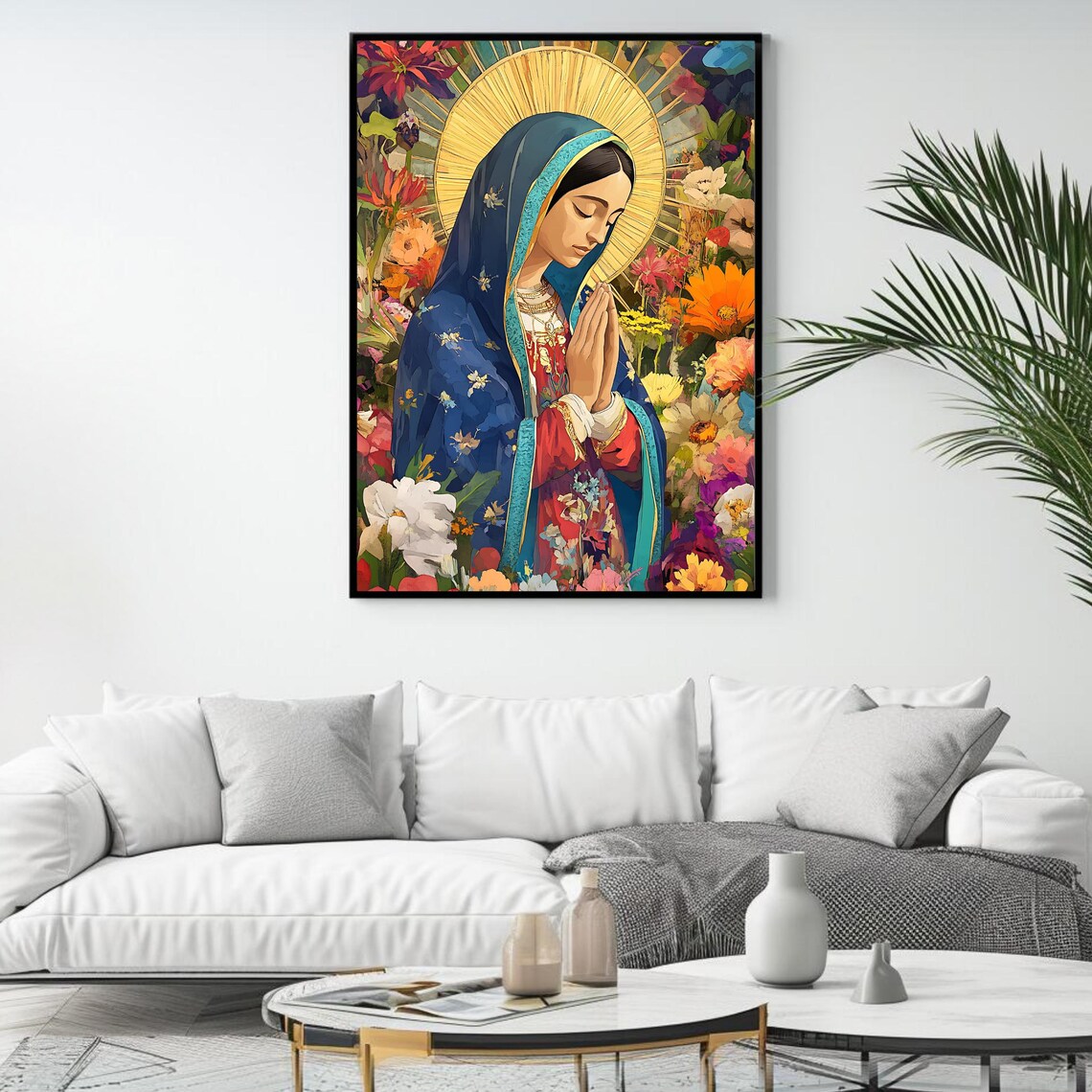 Our Lady of Guadalupe Praying Colorful Floral Catholic Art Poster - Image 4