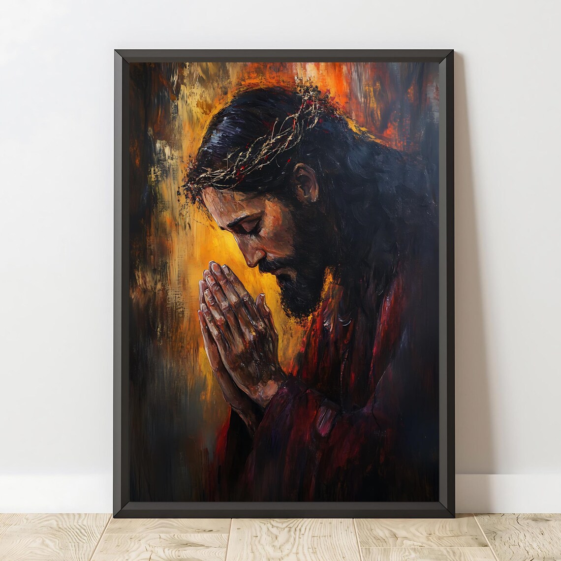 Jesus Praying Crown of Thorns Dark Moody Religious Portrait Poster - Image 2