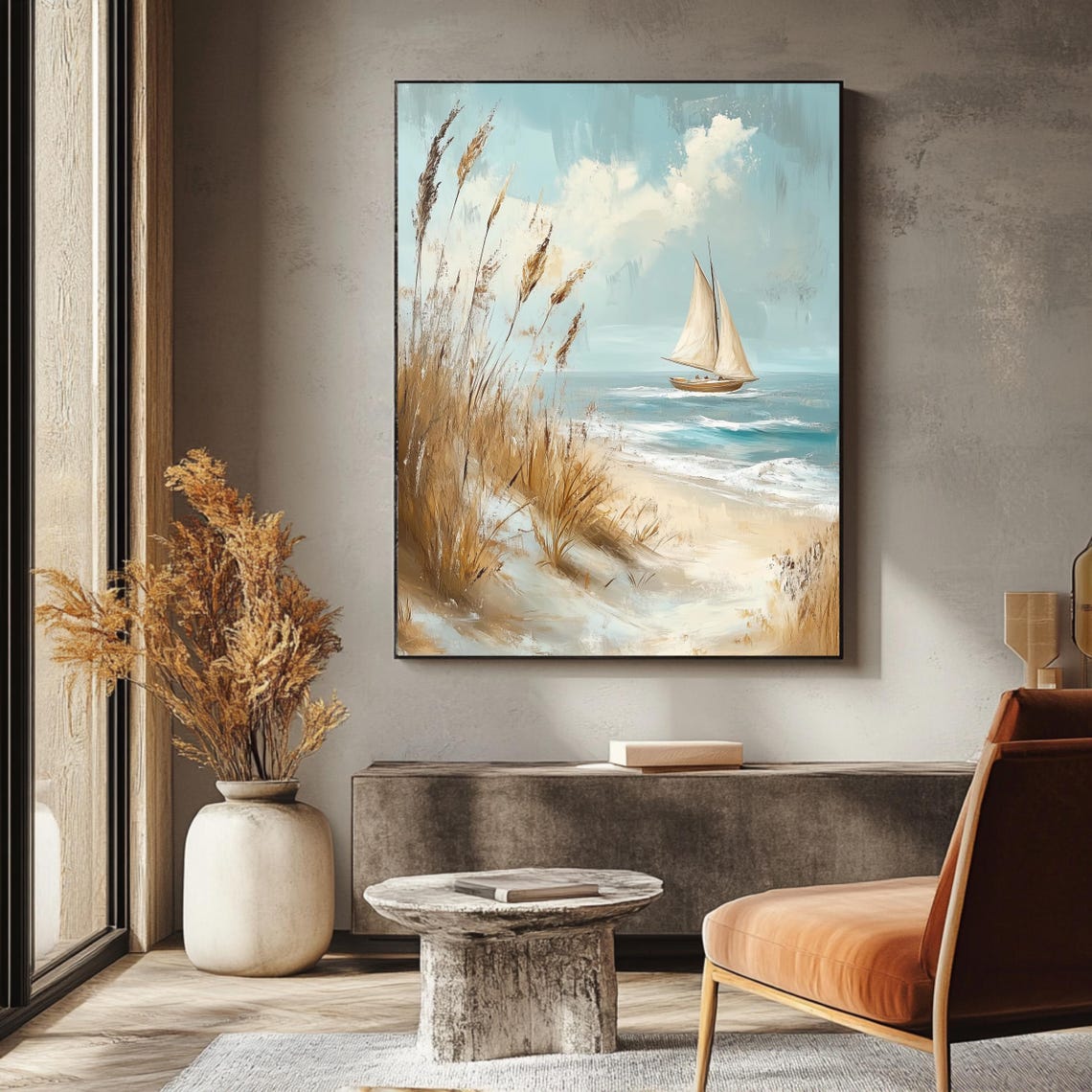 Sailboat on Blue Water with Dune Grasses Beach Nautical Art Poster - Image 3