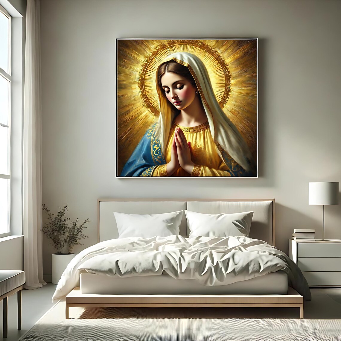 Blessed Virgin Mary Golden Halo Prayer Catholic Devotional Religious Art Print - Image 2