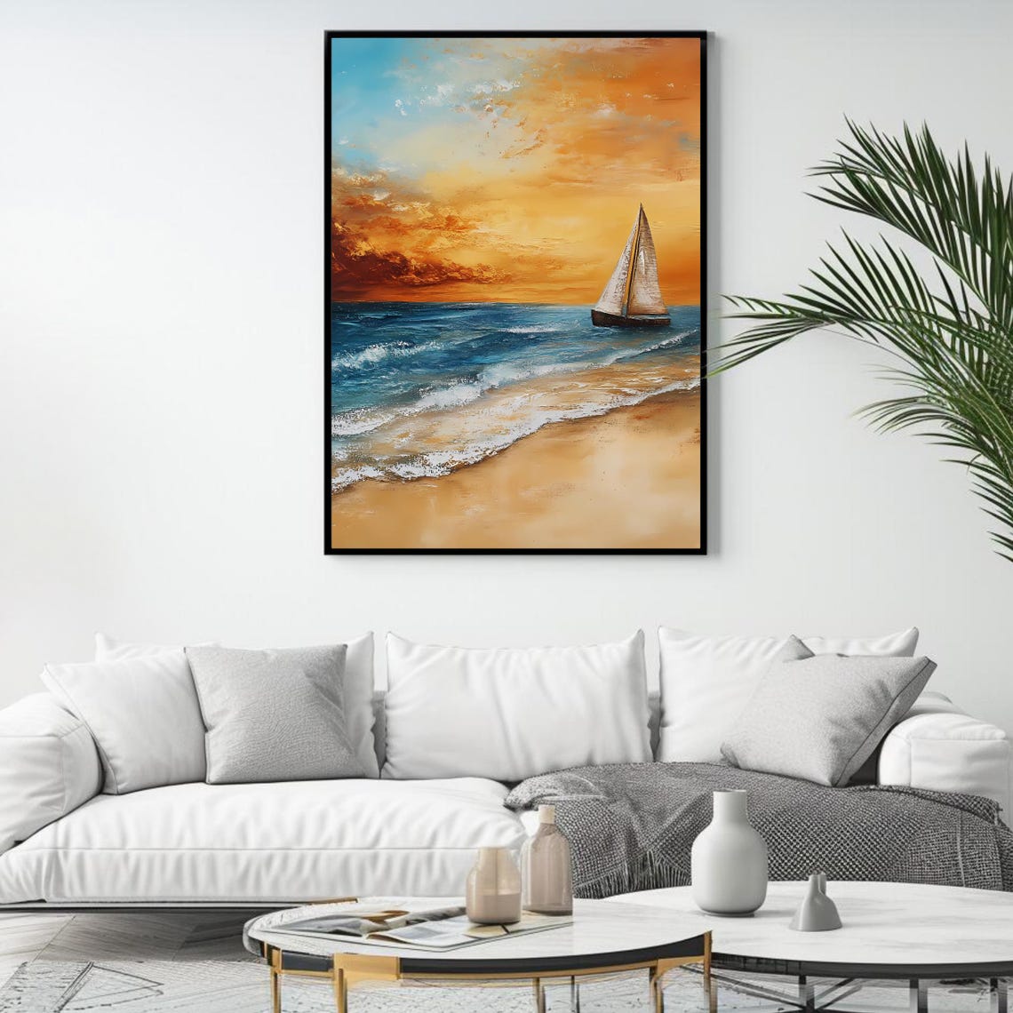 Golden Sunset Sailboat On Sandy Beach Ocean Waves Coastal Art Poster - Image 4