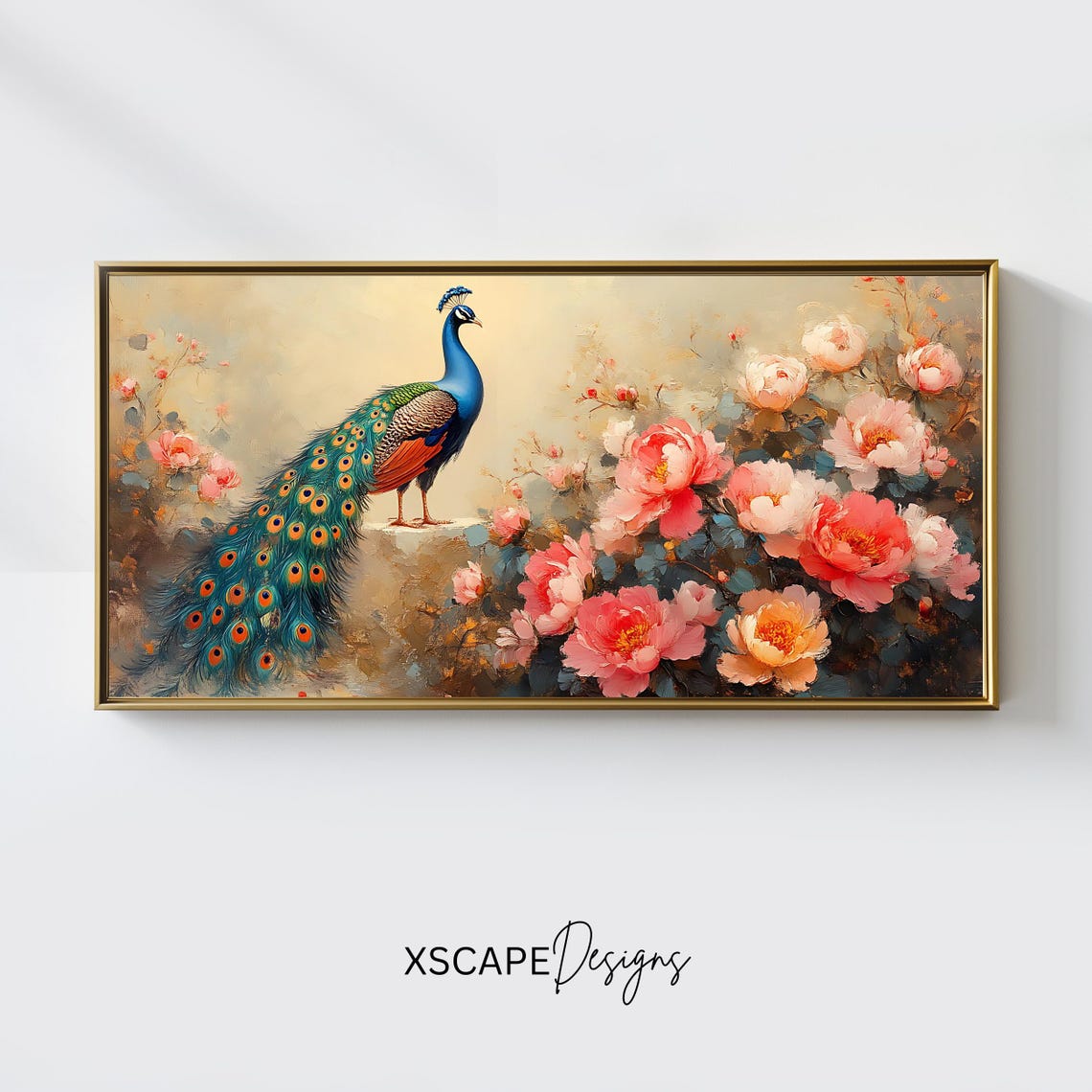 Peacock Among Pink Peonies Elegant Panoramic Oil Style Floral Wall Art