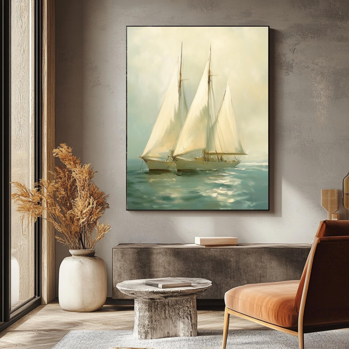 Vintage Sailing Ship with White Sails on a Calm Misty Sea Poster - Image 3