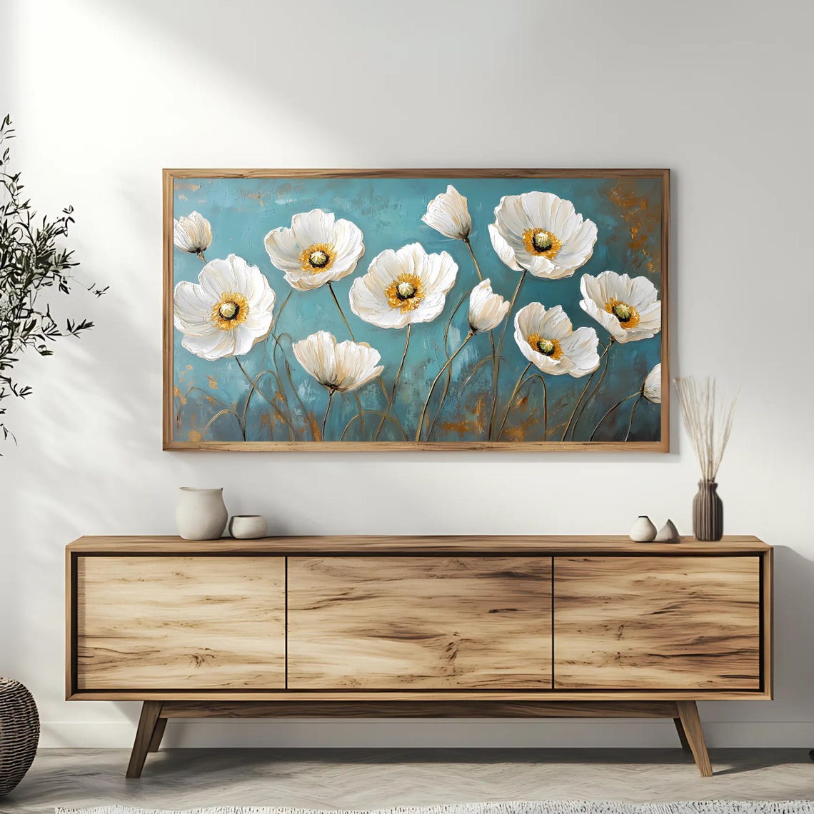White Poppy Flowers On Teal Blue Elegant Modern Botanical Art Poster - Image 3