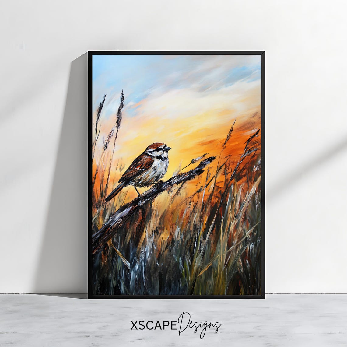 Golden Sunset Sparrow Bird On Branch Meadow Nature Wall Art Poster