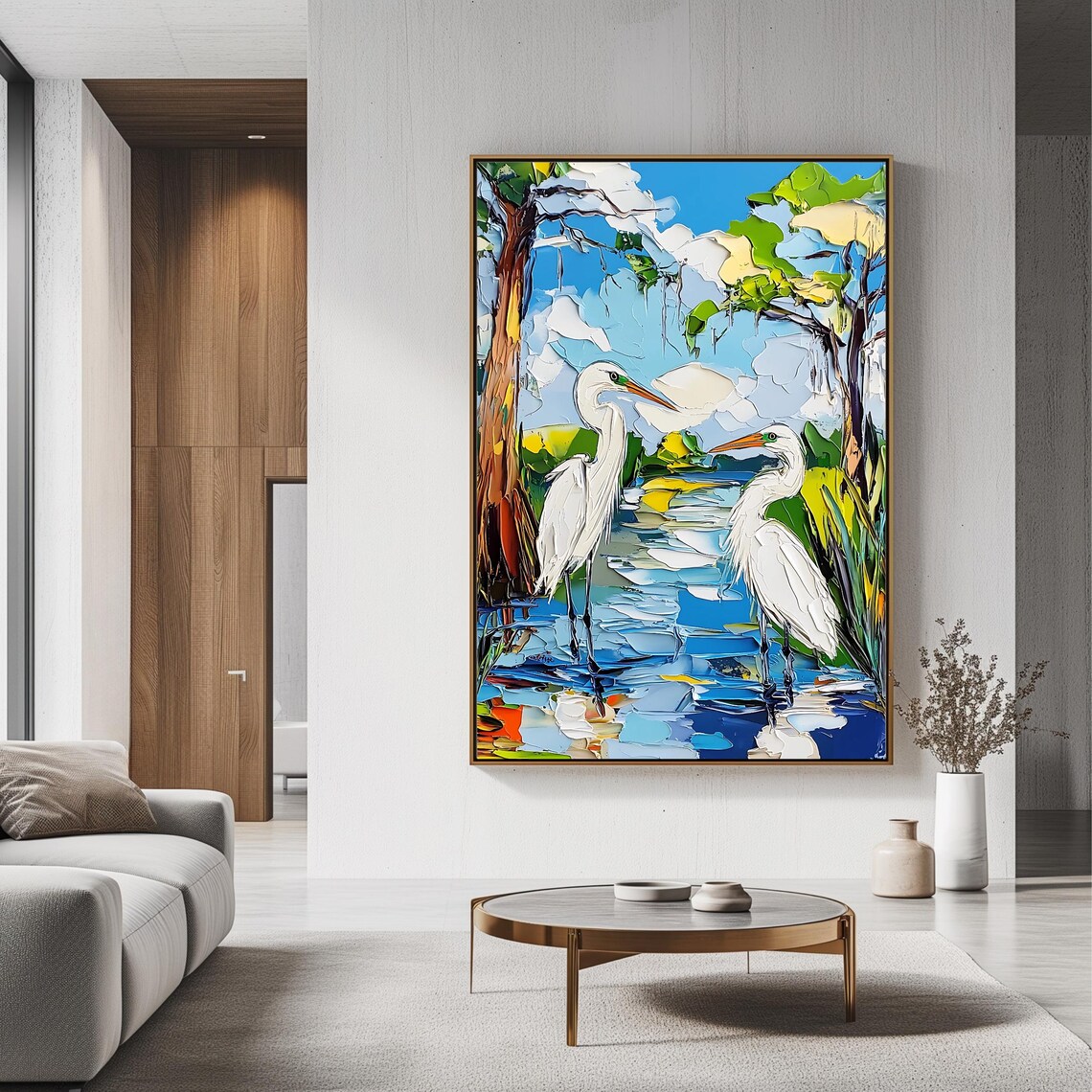 Great White Egret Wetland Impasto Oil Painting Coastal Bird Wall Art - Image 3