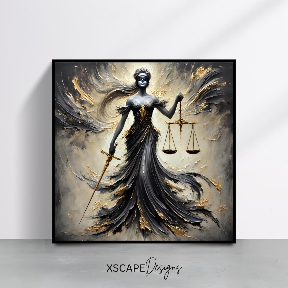 Lady Justice Scales Blindfolded Black Gold Symbolic Law Office Art Print