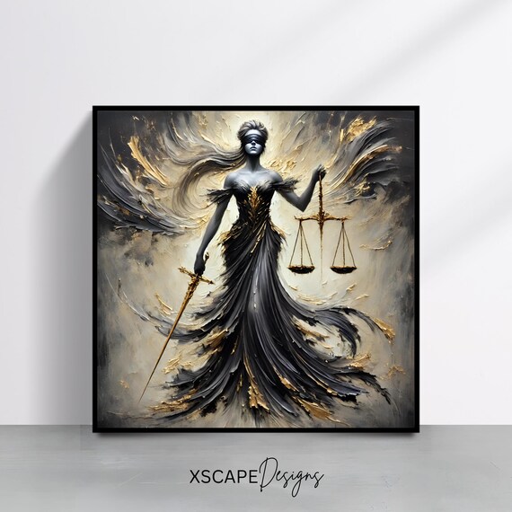 Lady Justice Scales Blindfolded Black Gold Symbolic Law Office Art Print