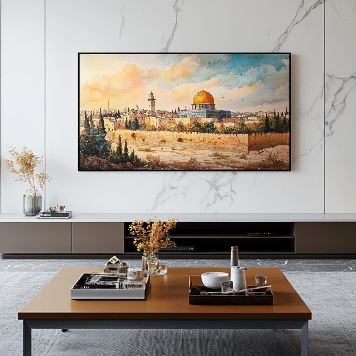 Dome Of The Rock Jerusalem Old City Sunset Watercolor Painting Poster - Image 2
