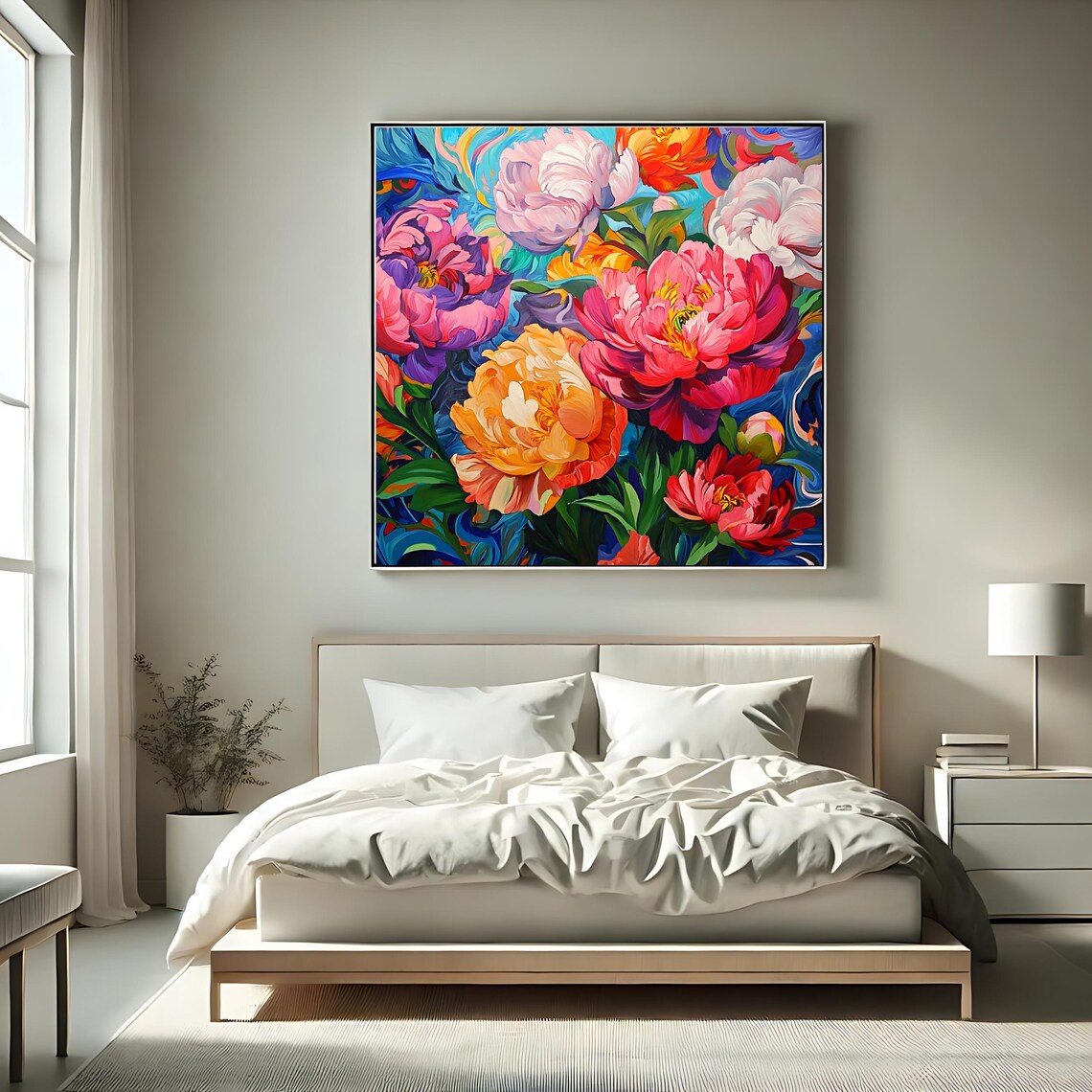 Vibrant Peony Blossoms Colorful Swirl Botanical Floral Painting Print - Image 2