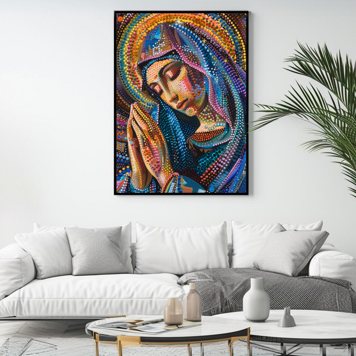 Virgin Mary Dot Art Praying Colorful Pointillism Catholic Religious Poster - Image 4