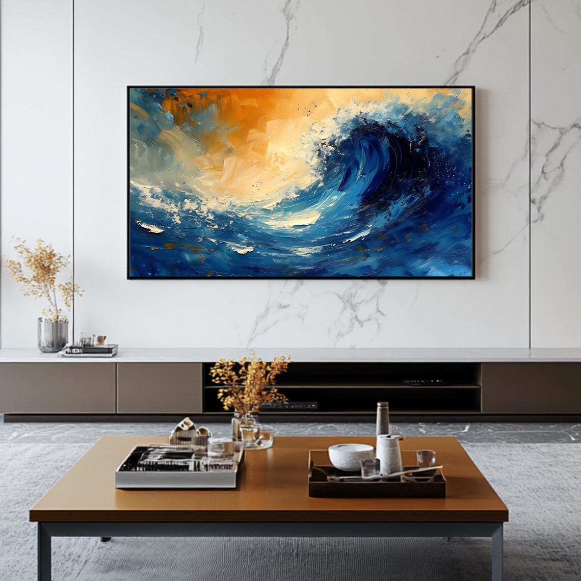 Ocean Wave Abstract Deep Blue Surf Golden Sky Coastal Poster - Image 2