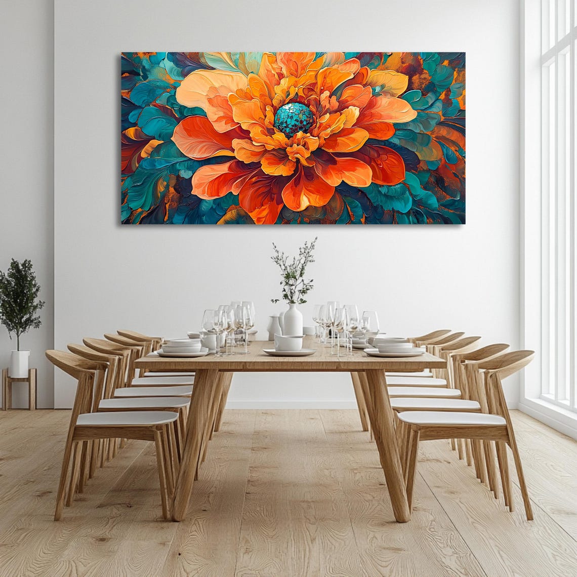 Bold Orange Teal Bloom Close-Up Impasto Floral Panoramic Art Poster - Image 3