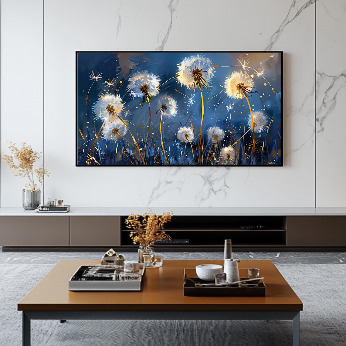 Dandelion Seed Heads Night Sky Golden Stars Botanical TV Art Poster - Image 2