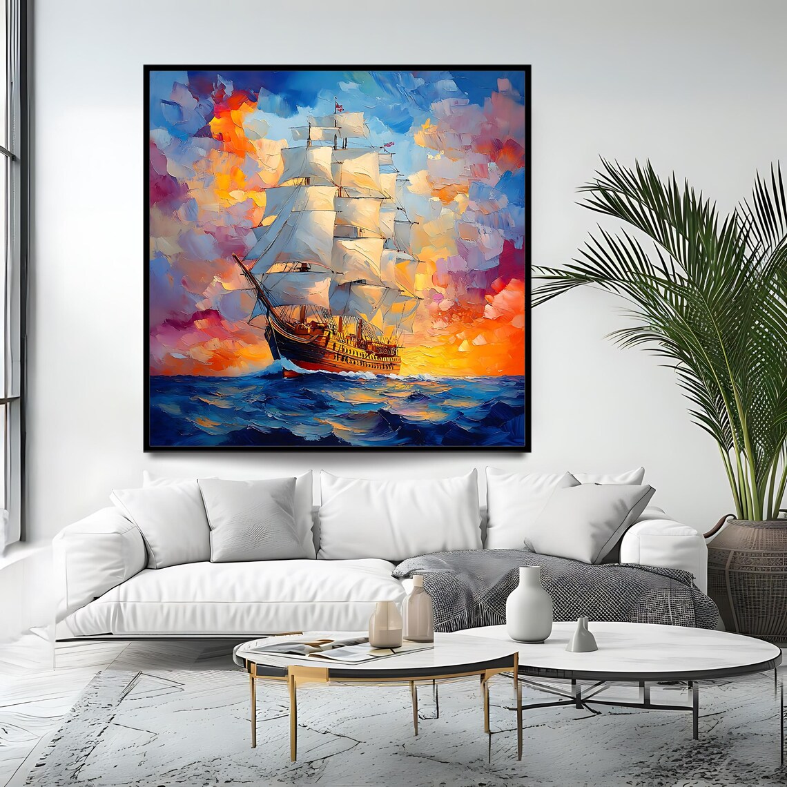 Sunset Sailing Ship Wall Art Print Vibrant Nautical Artwork Square Ocean Decor Abstract Seascape Painting - Image 4