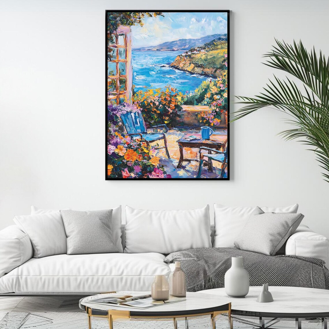 Mediterranean Sea View Terrace with Flowers and Chairs Coastal Poster - Image 4