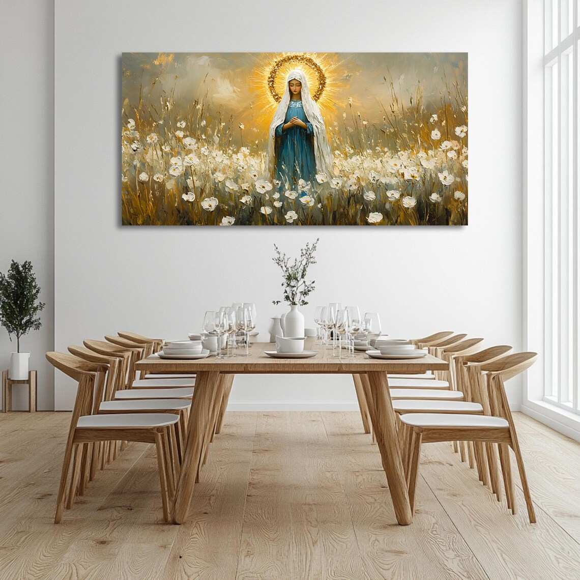Virgin Mary White Flower Field Golden Halo Panoramic Catholic Religious Wall Art - Image 3