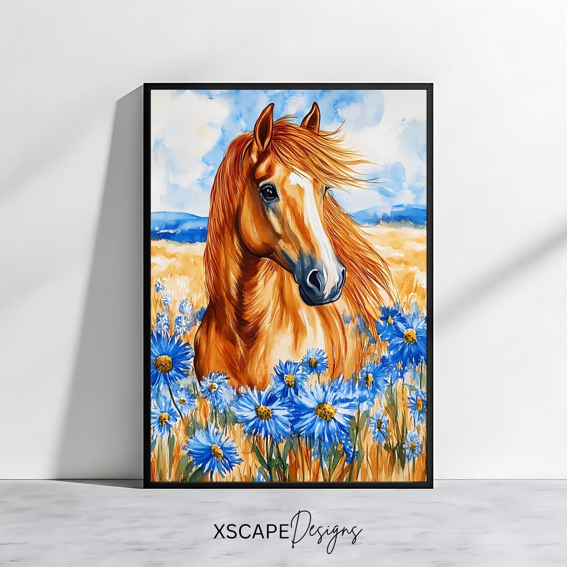 Chestnut Horse In Wild Blue Wildflower Golden Field Art Poster