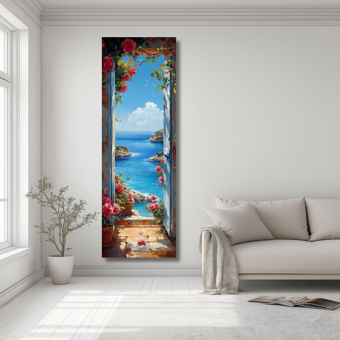 Mediterranean Window Ocean View Red Roses Vertical Coastal Poster - Image 2