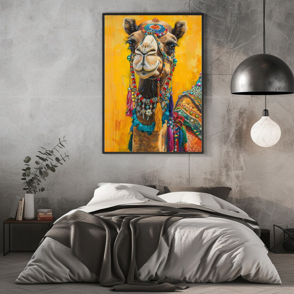 Decorated Camel Colorful Beads Golden Background Boho Art Poster - Image 2