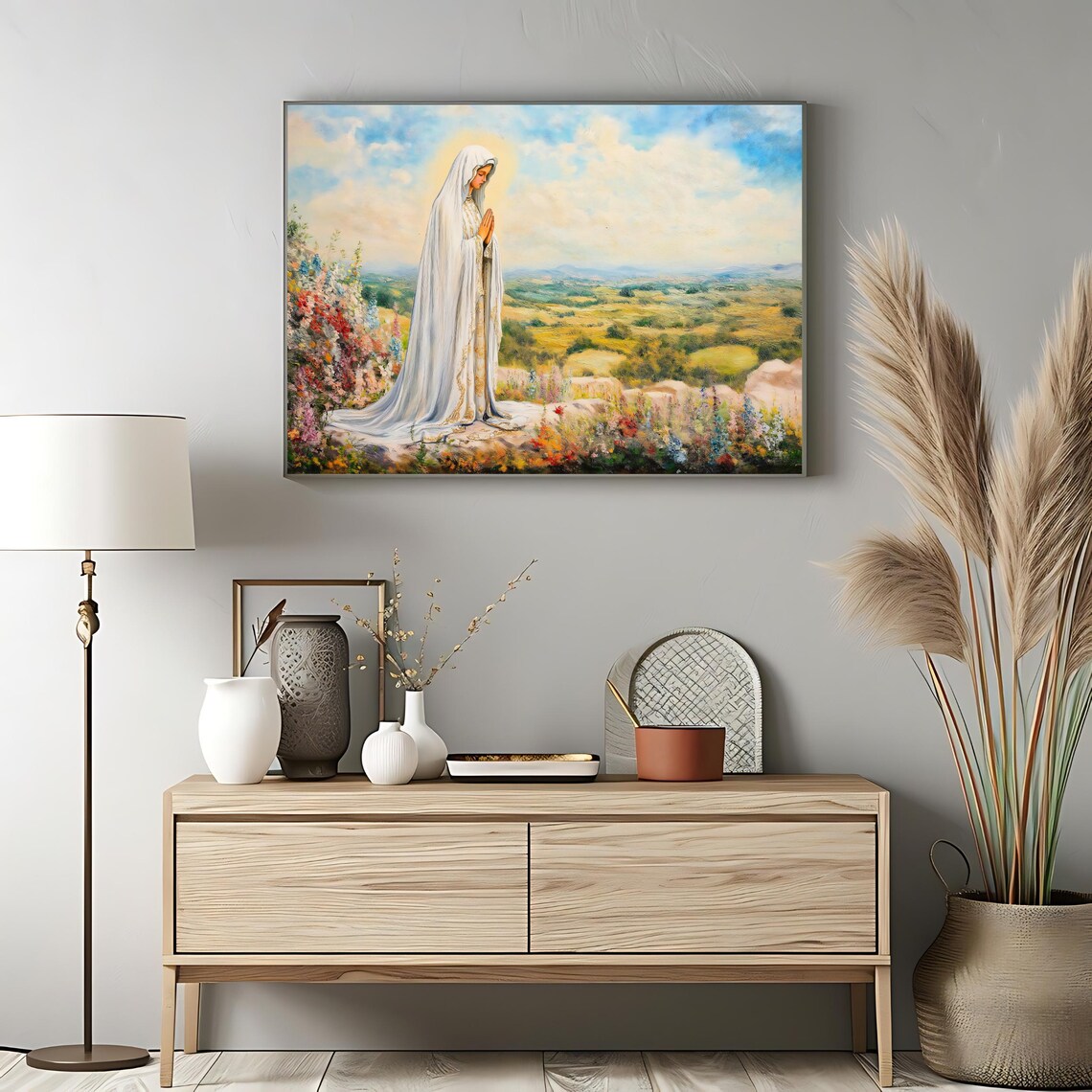 Virgin Mary Praying Flower Hillside Apparition Catholic Faith Art Print - Image 3