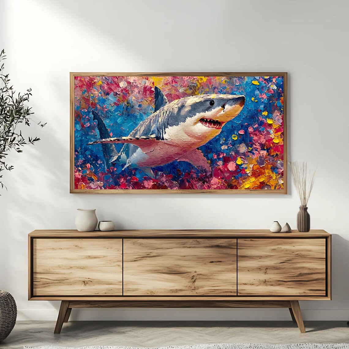 Colorful Great White Shark Impasto Ocean Painting Vibrant Wildlife Poster - Image 3