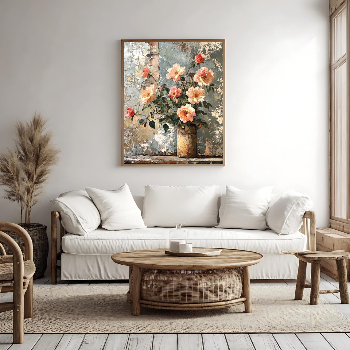 Vintage Floral Still Life Blush Roses Rustic Pot Distressed Wall Print - Image 4