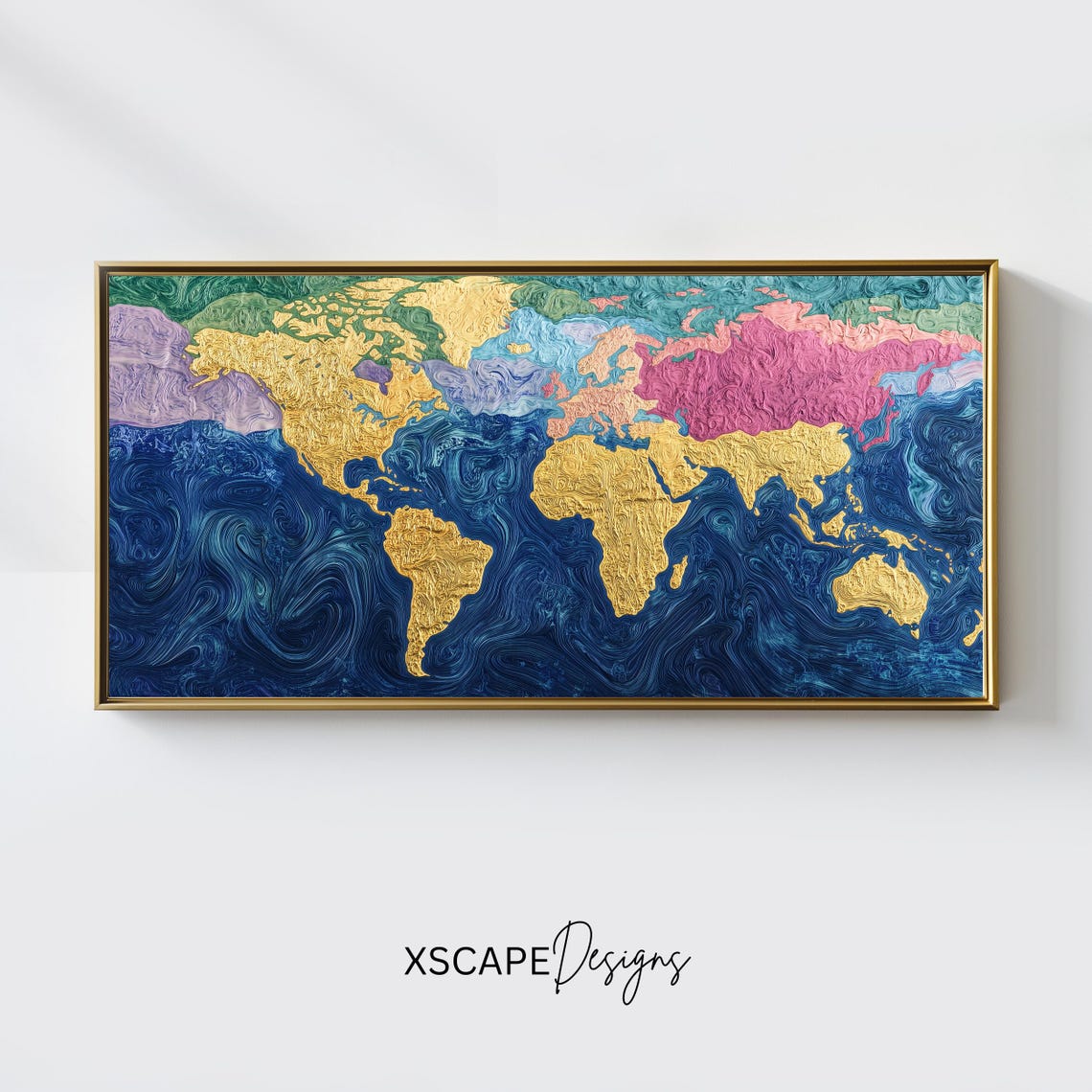 Textured Gold World Map Blue Marble Ocean Panoramic Travel Poster