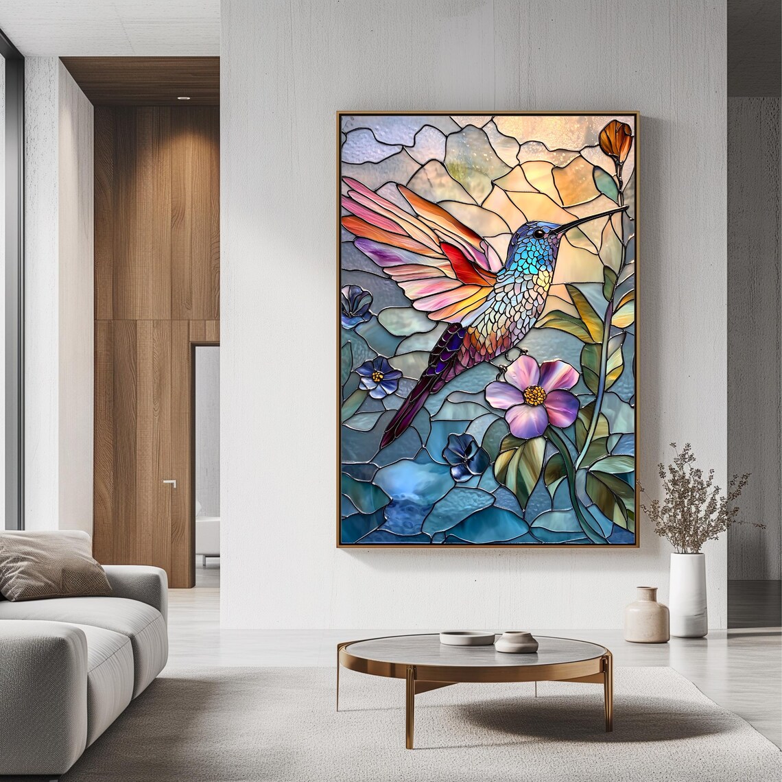 Stained Glass Hummingbird And Flowers Colorful Nature Art Poster - Image 3