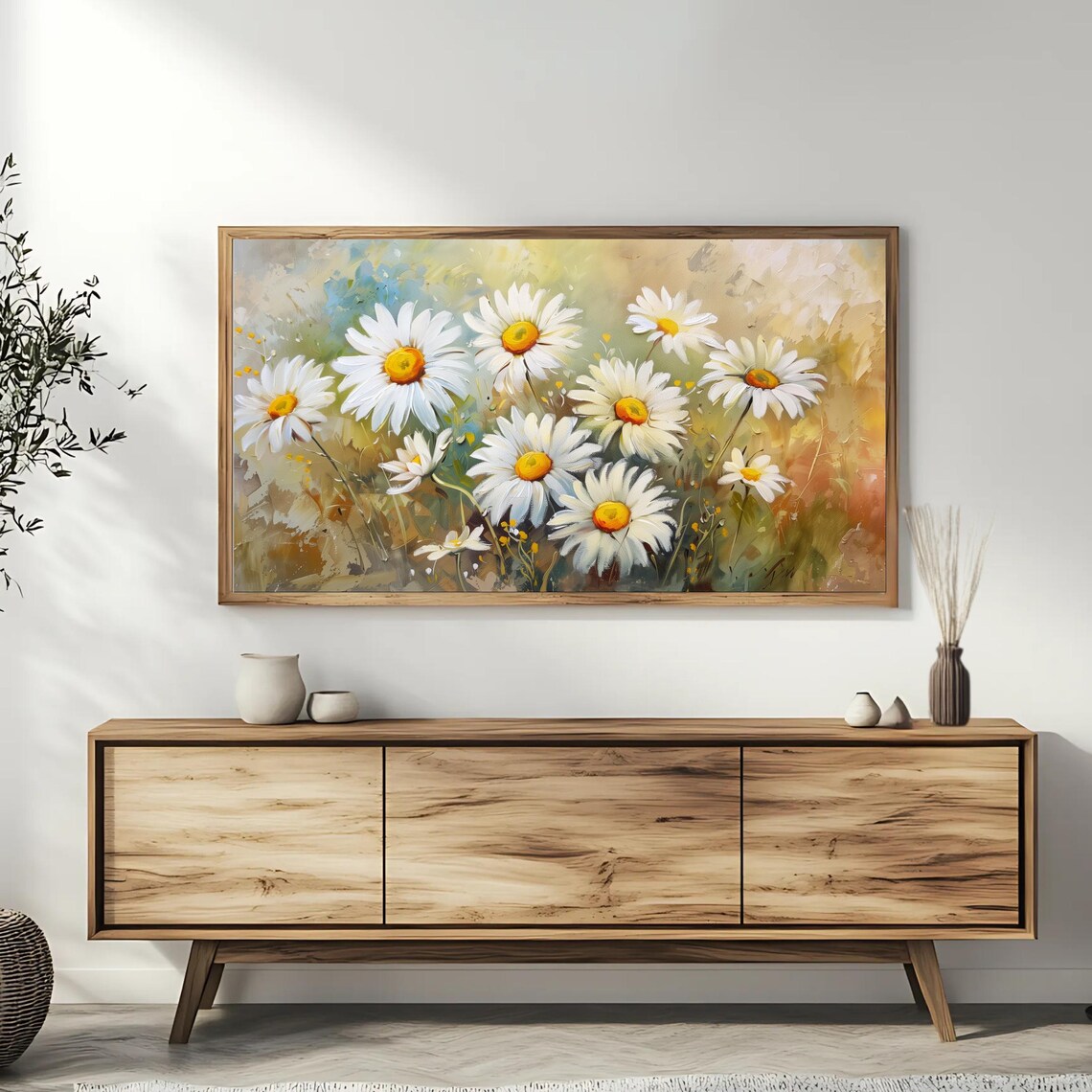 White Daisies Sunlit Meadow Soft Floral Oil Painting TV Art Poster - Image 3