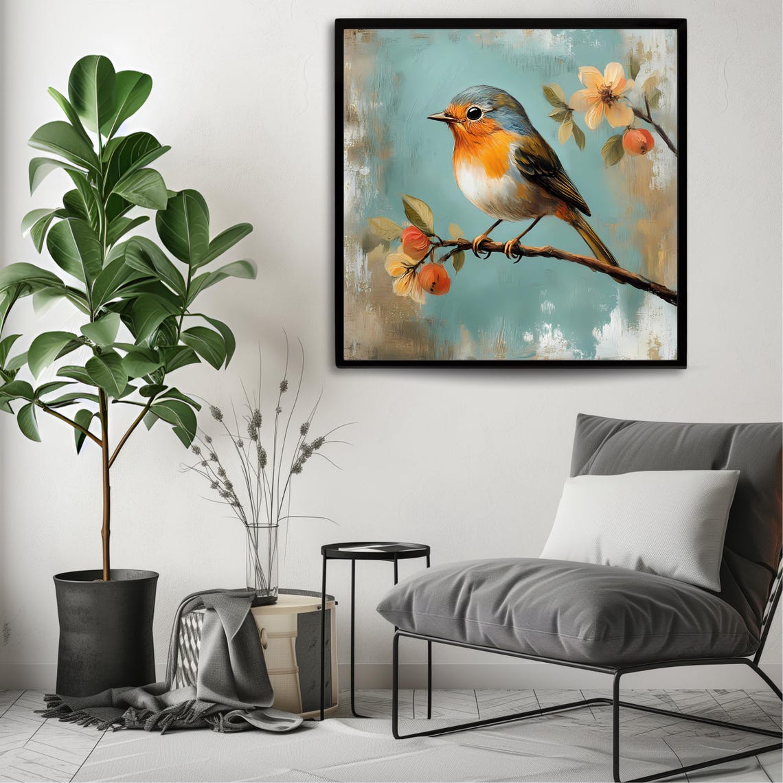 Robin Bird Perched On Berry Branch Vintage Nature Painting Wall Poster - Image 3