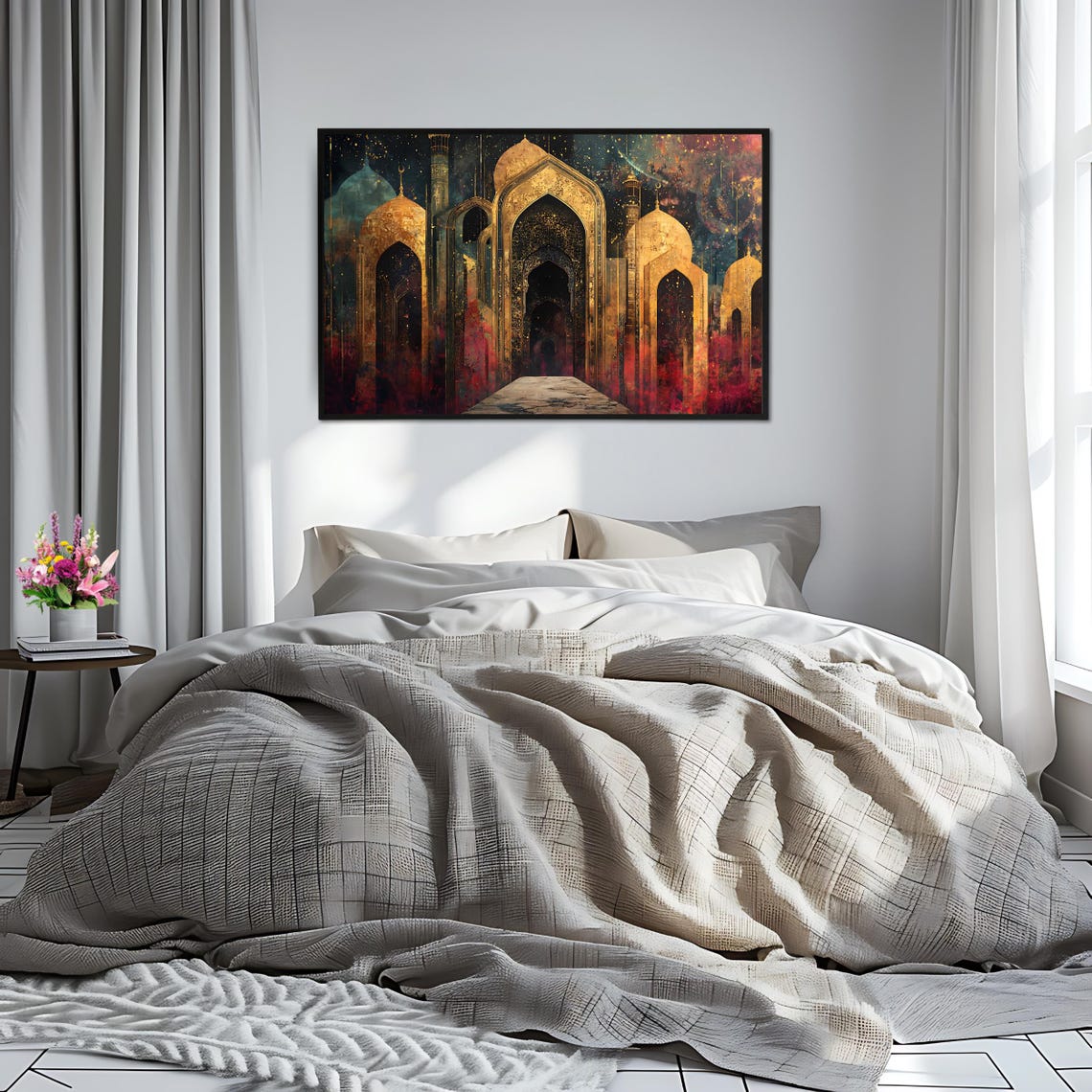 Golden Archway Islamic Art Print Abstract Mosque Wall Decor Middle Eastern Architecture Art Gold And Black Horizontal Wall Art - Image 2