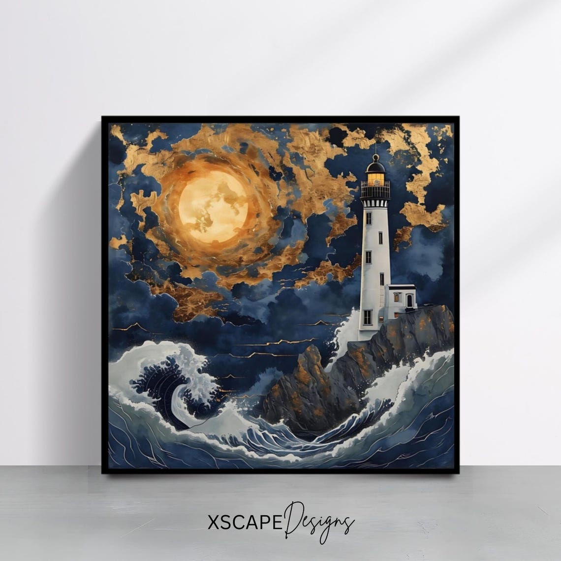 Lighthouse Full Moon Wall Art Print Square Nautical Artwork Ocean Themed