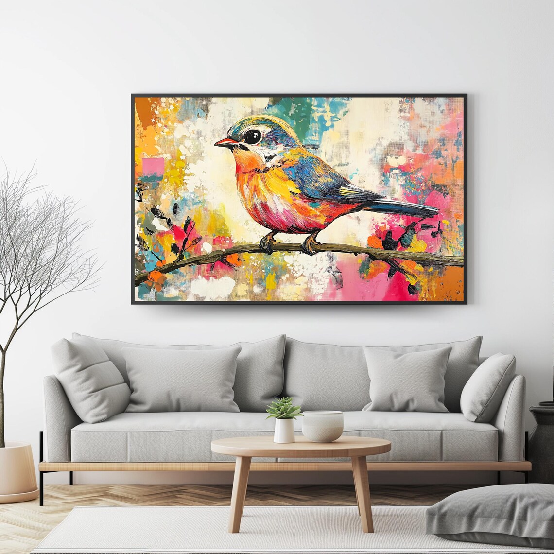 Colorful Songbird Branch Abstract Pastel Background Wildlife Art Print - Image 4