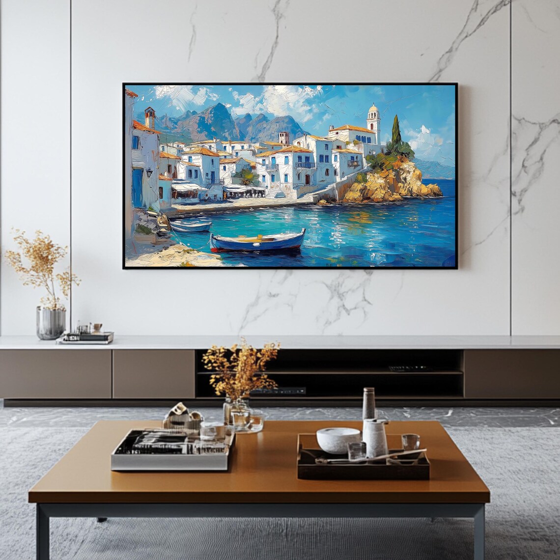 Mediterranean Harbor Village Fishing Boat Turquoise Sea Poster - Image 2