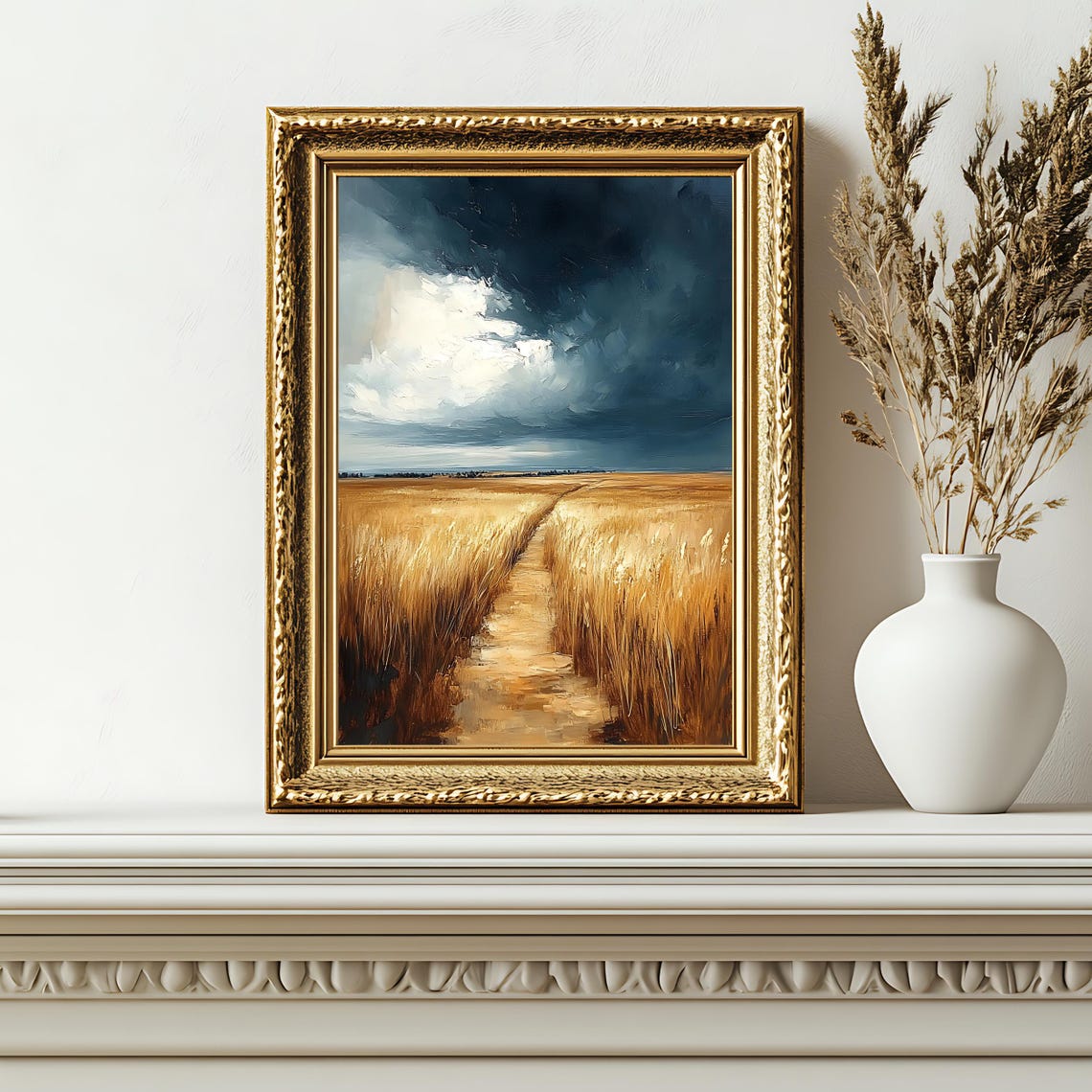 Rustic Wheat Field Stormy Sky Golden Harvest Countryside Path Poster - Image 2