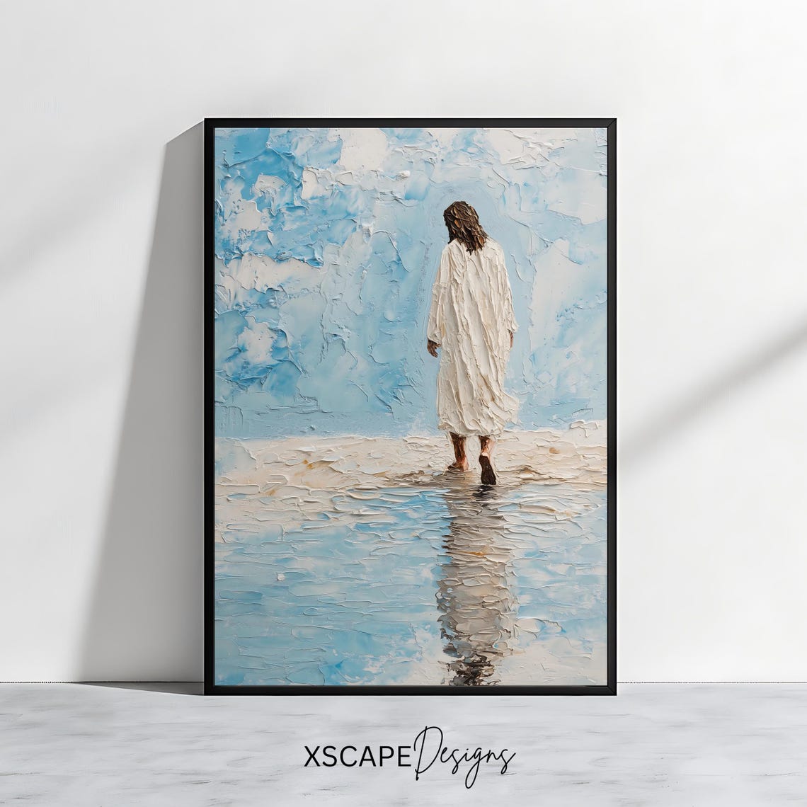 Jesus Walking On Water White Robe Blue Impasto Christian Faith Poster