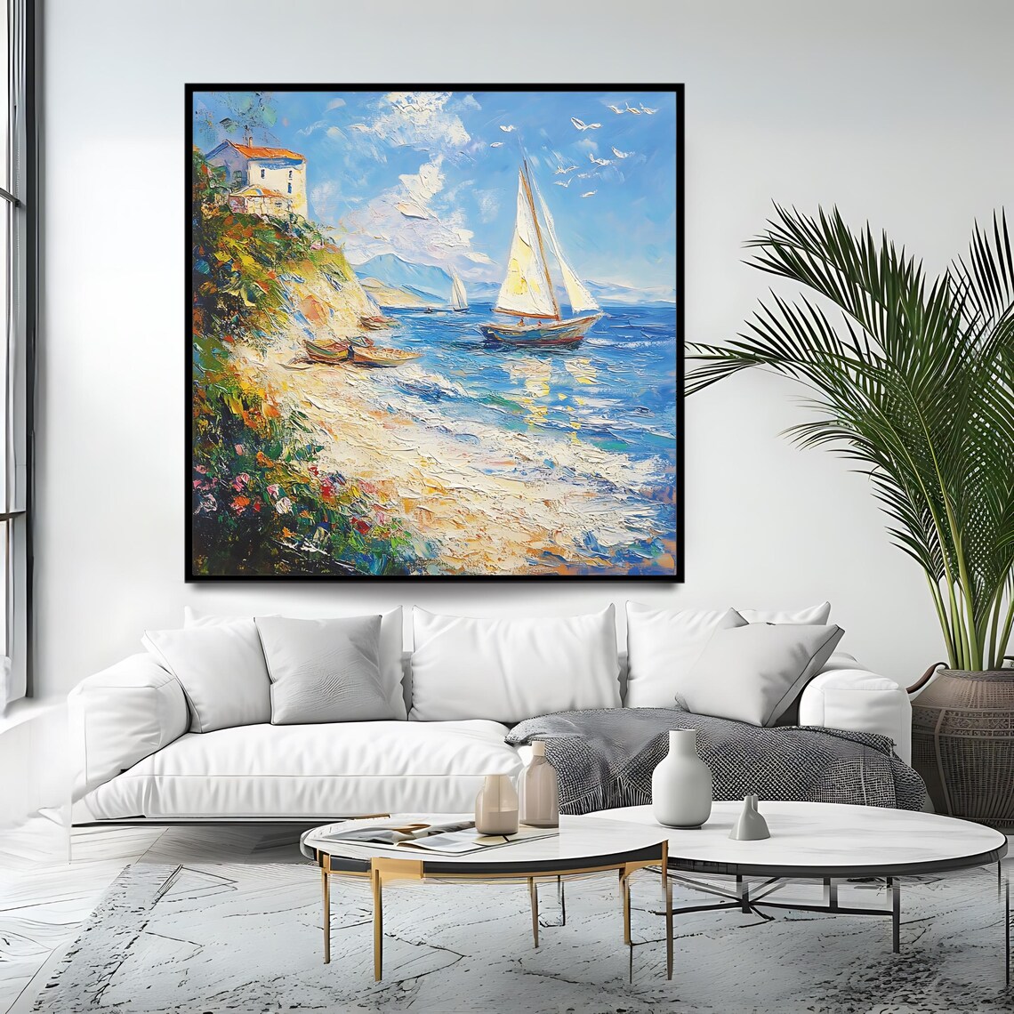 Seaside Sailboat Square Art Print Coastal Landscape Wall Art Nautical Decor - Image 4