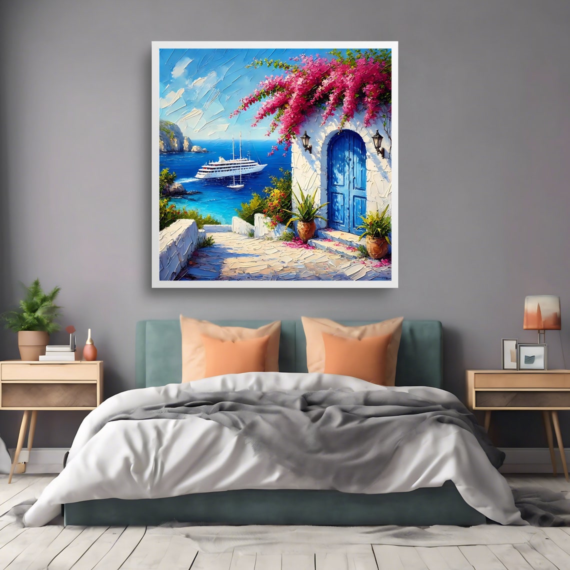 Santorini Greece Cruise Ship Blue Door Bougainvillea Ocean View Print - Image 2