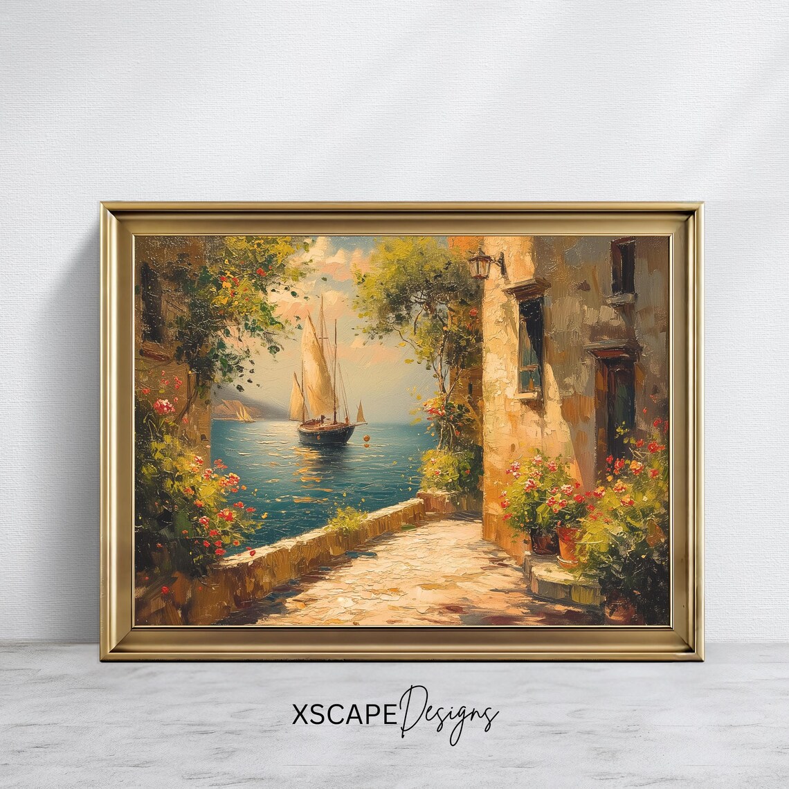 Mediterranean Stone Alley Sailboat Sea Golden Hour Vintage Art Poster
