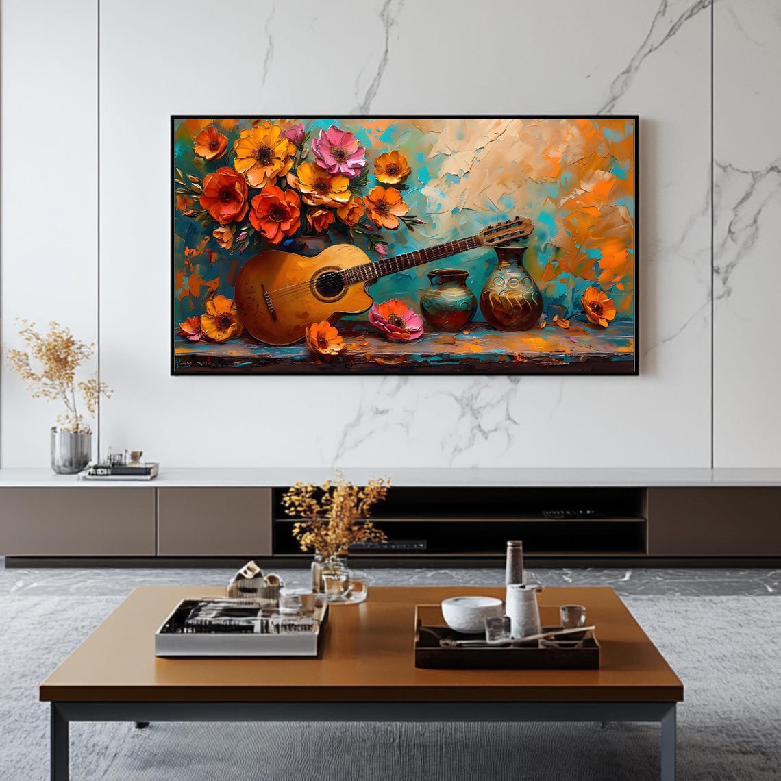 Acoustic Guitar With Orange Floral Bouquet Still Life Art Poster - Image 2